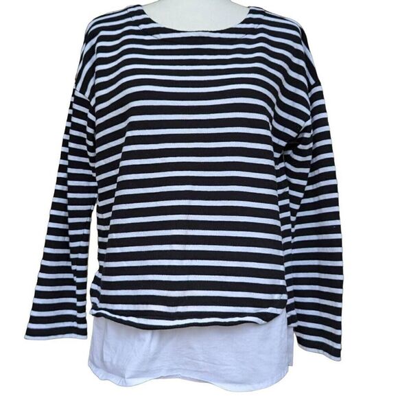 Izod Mock Layered Knit Sweater Pullover Black and White Striped Size L Buttons - Picture 1 of 9